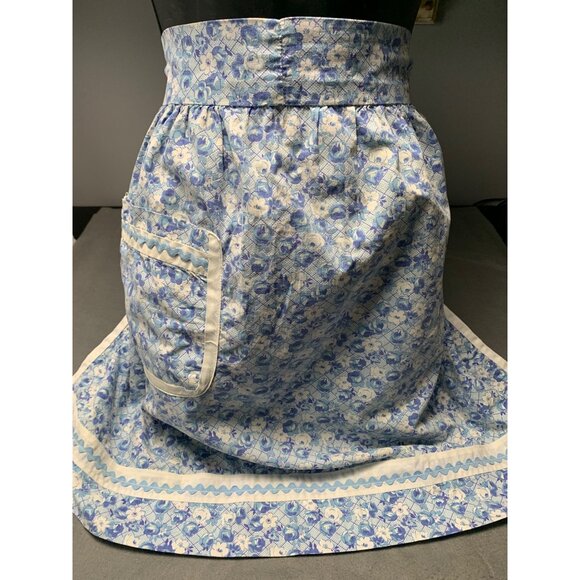 Handmade Blue Floral Half Apron with Pocket & Ric Rac Trim Vintage Style - Picture 2 of 7